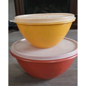 Tupperware 2 Pc Vintage 1970s Red Medium Bowl & Small Yellow Bowl With Lids